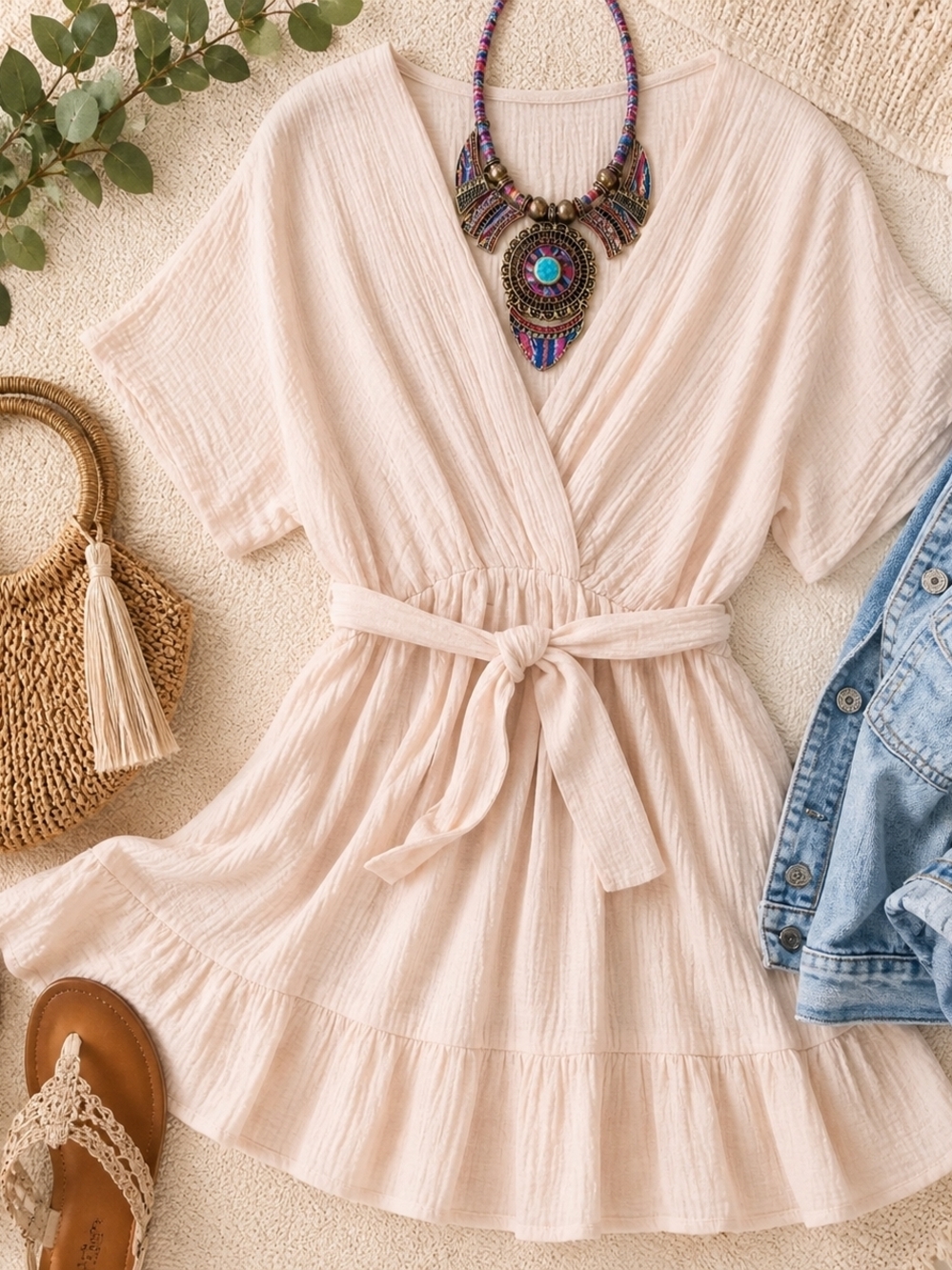 ☮️ Boho Gauze Wrap Dress in Ivory Cotton Sz M/L